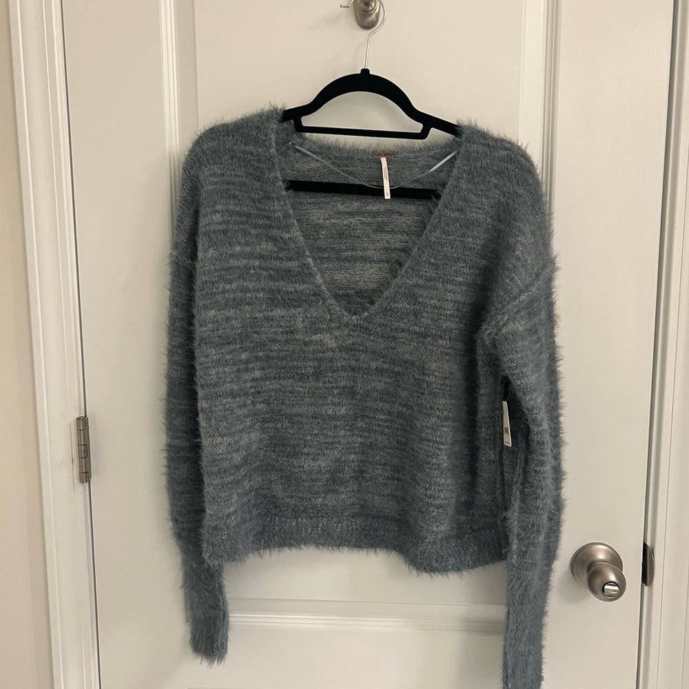 Free People Fuzzy V-Neck Sweater - Gray